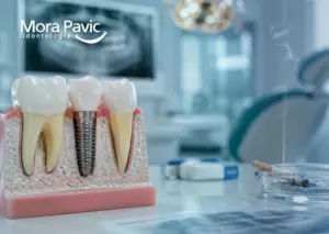 Implante dental junto a un cigarrillo tachado para representar los riesgos del tabaquismo durante el tratamiento