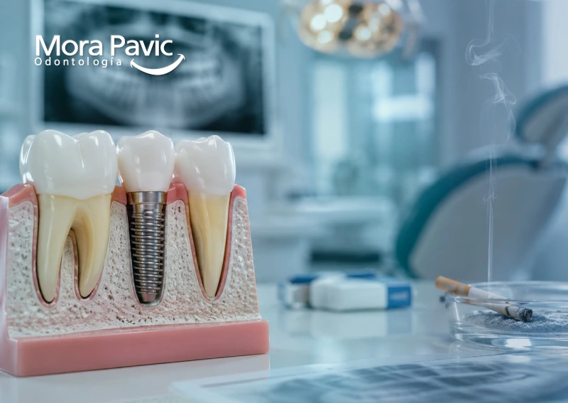 Implante dental junto a un cigarrillo tachado para representar los riesgos del tabaquismo durante el tratamiento
