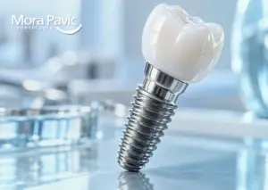 Primer plano 3D del implante con corona blanca.