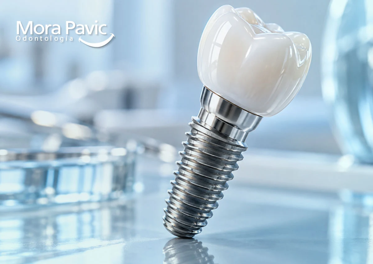 Primer plano 3D del implante con corona blanca.