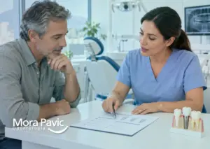 Paciente revisa un plan de tratamiento con una odontóloga junto a un modelo de implante dental.